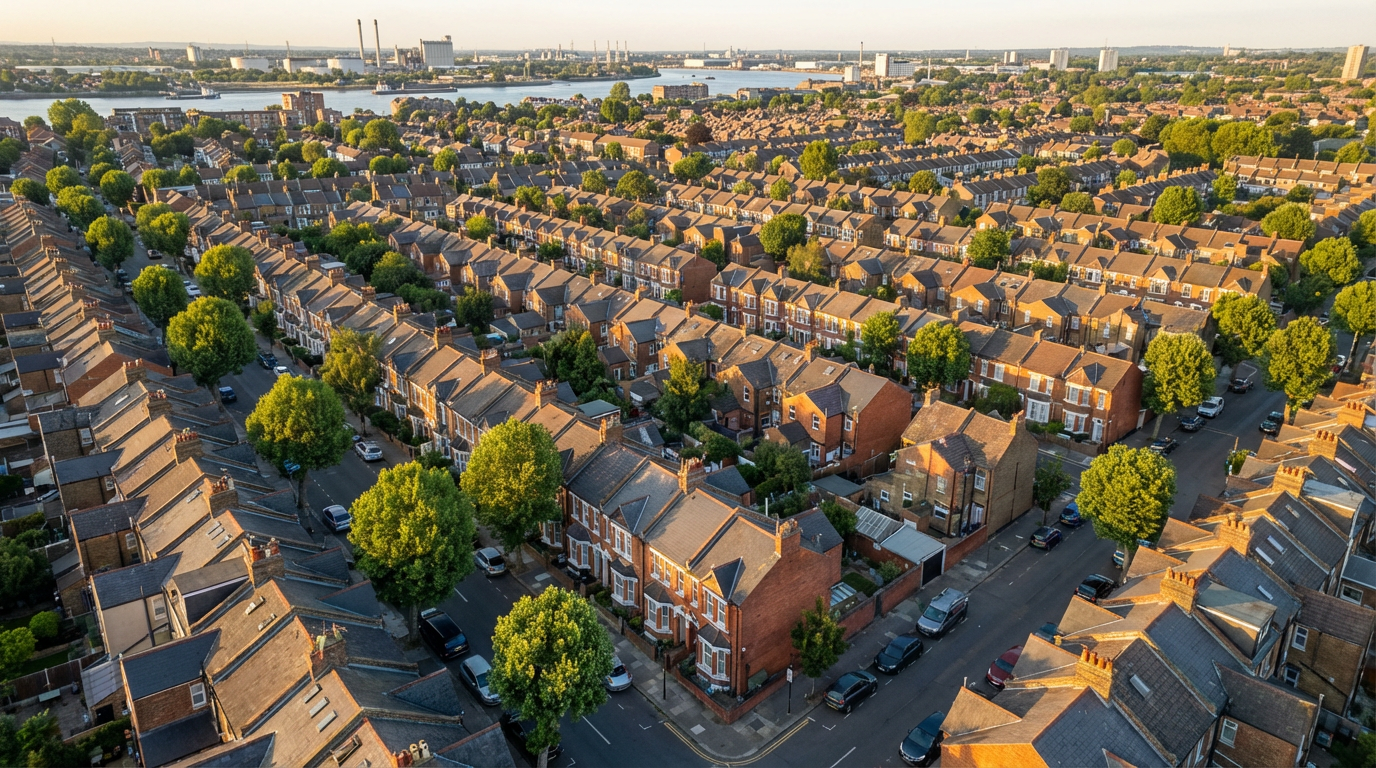 Aerial view of Victorian terraced houses in Barking, East London