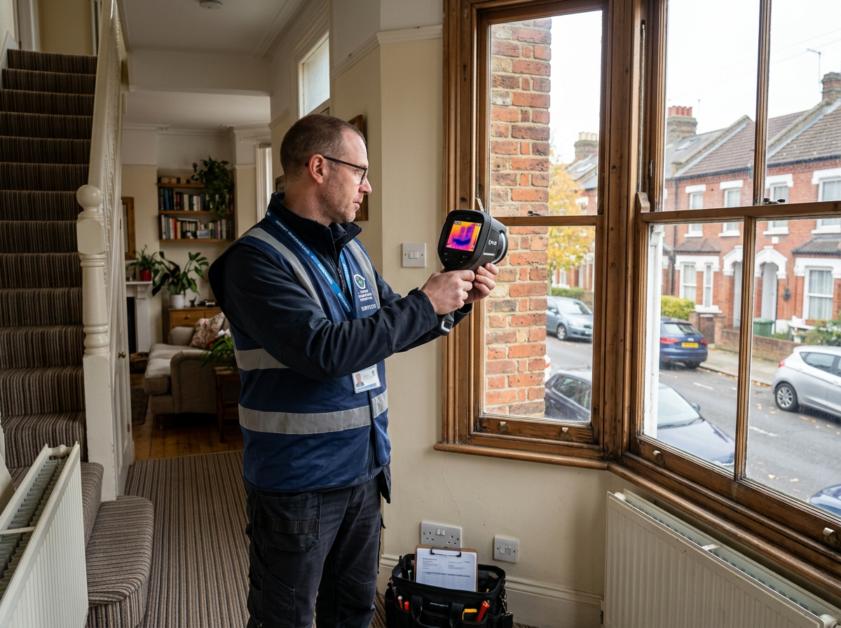 Surveyor using thermal imaging camera to assess energy efficiency of a terraced house in Barking
