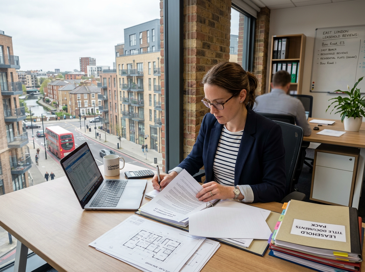 Surveyor reviewing leasehold property documents and lease paperwork for a flat in East London