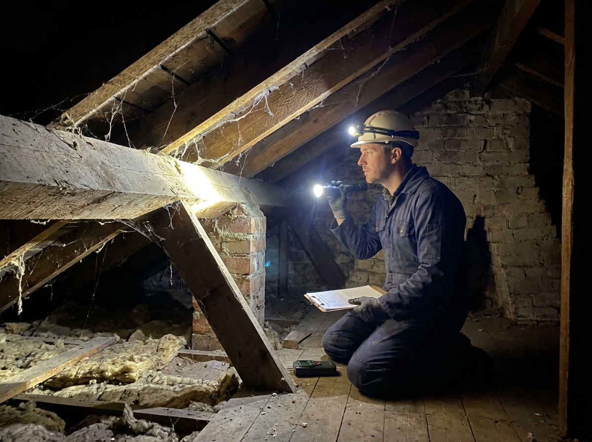 Surveyor inspecting timber roof structure during a Level 3 building survey in Barking