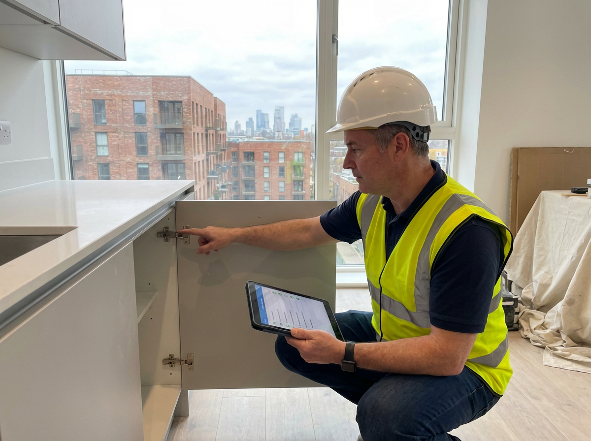 Surveyor completing a snag list inspection in a new build property in East London
