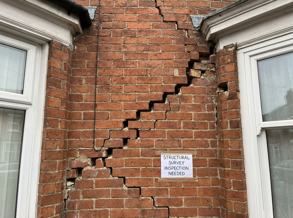 Visible structural cracks in a Victorian terrace wall requiring Level 3 building survey